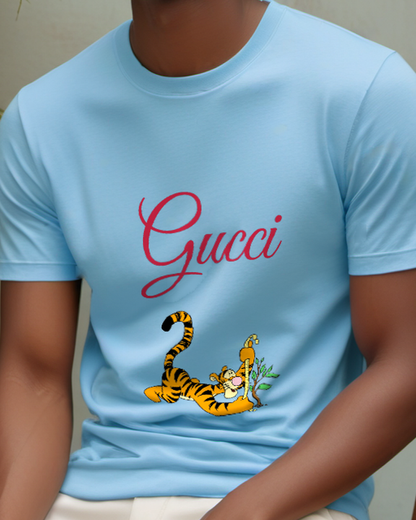 Sky Blue Tigger Measuring Tree With Tape Graphic T-Shirt - model wearing view