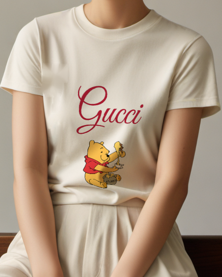 Ivory Winnie The Pooh Eating Honey From Cup Graphic T-Shirt - model wearing view
