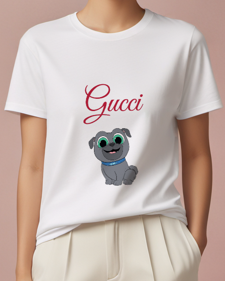 White Gray Puppy Sitting Upright Graphic T-Shirt - model wearing view