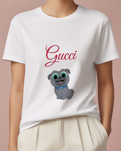 White Gray Puppy Sitting Upright Graphic T-Shirt - model wearing view