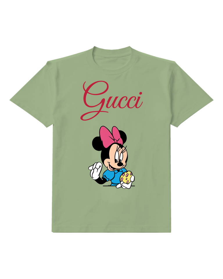 Sage Green Minnie Mouse Holding Egg Gesturing Graphic T-Shirt - front product view