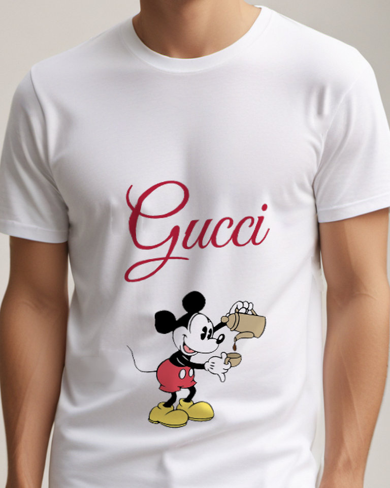 White Mickey Mouse Pours Coffee From Pot Graphic T-Shirt - model wearing view