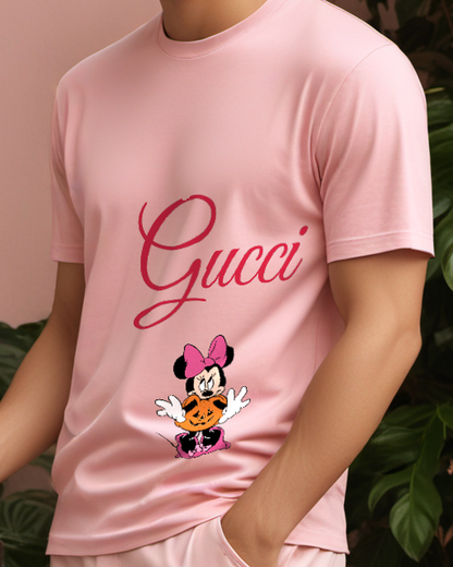 Blush Pink Minnie Mouse Holding Pumpkin Graphic T-Shirt - model wearing view