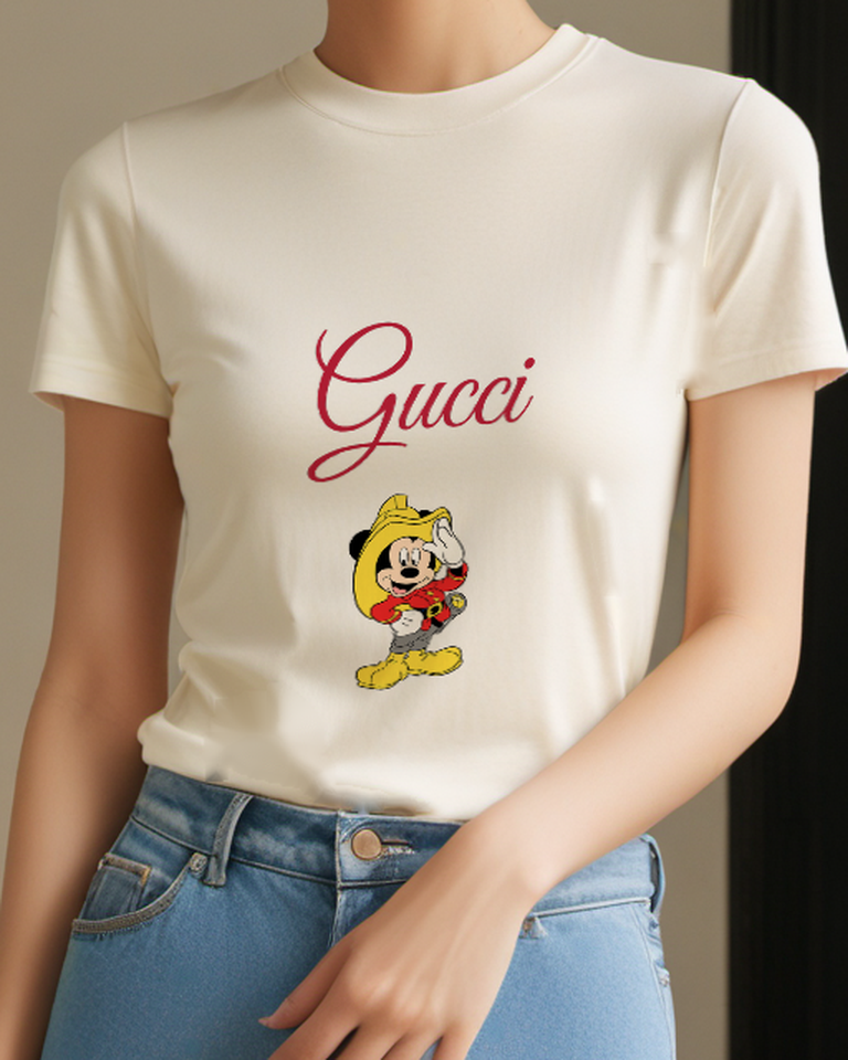 Ivory Mouse Yellow Hood Red Cup Graphic T-Shirt - model wearing view
