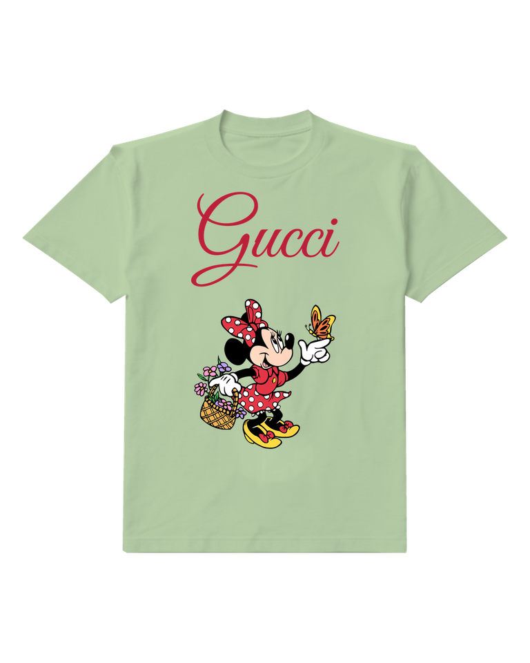 Sage Green Minnie Mouse Pointing At Butterfly Graphic T-Shirt - front product view