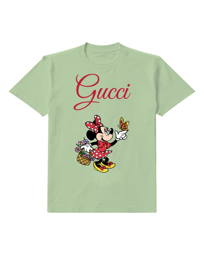 Sage Green Minnie Mouse Pointing At Butterfly Graphic T-Shirt - front product view