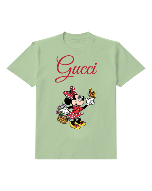 Sage Green Minnie Mouse Pointing At Butterfly Graphic T-Shirt - front product view