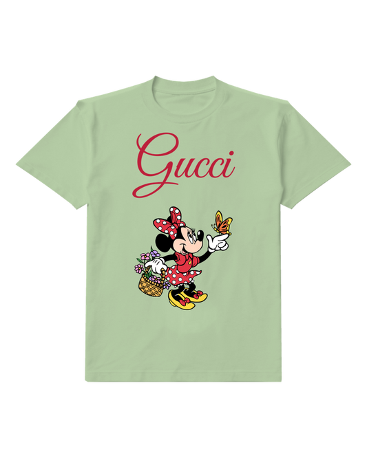 Sage Green Minnie Mouse Pointing At Butterfly Graphic T-Shirt - front product view