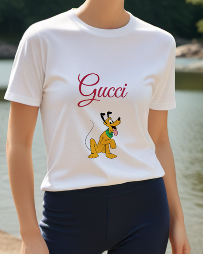 Light Gray Happy Standing Yellow Dog Graphic T-Shirt - model wearing view