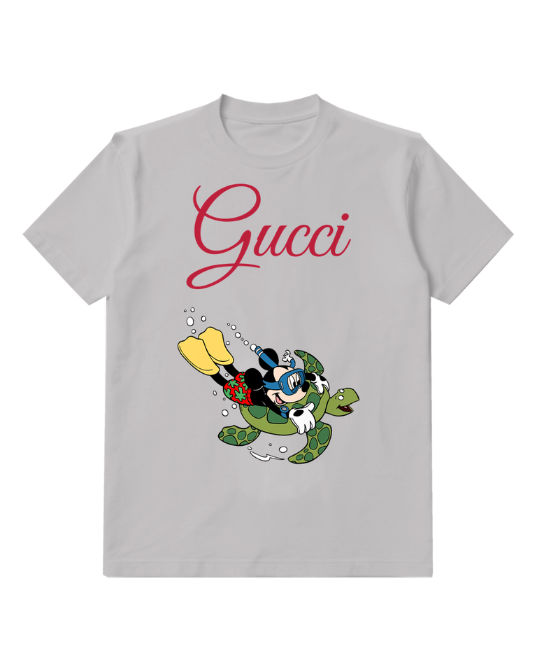 Light Gray Mickey Mouse Swimming On Turtle Graphic T-Shirt - front product view
