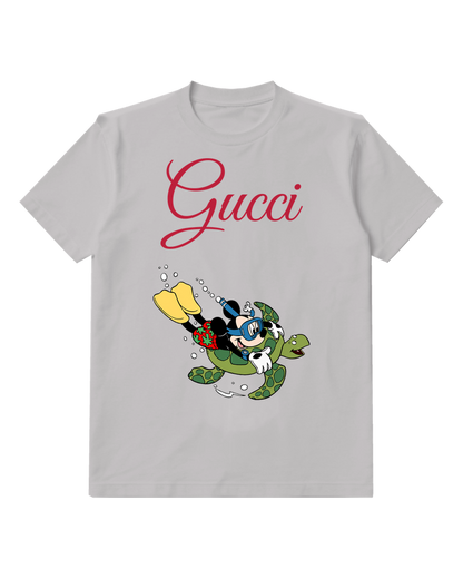 Light Gray Mickey Mouse Swimming On Turtle Graphic T-Shirt - front product view