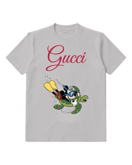 Light Gray Mickey Mouse Swimming On Turtle Graphic T-Shirt - front product view