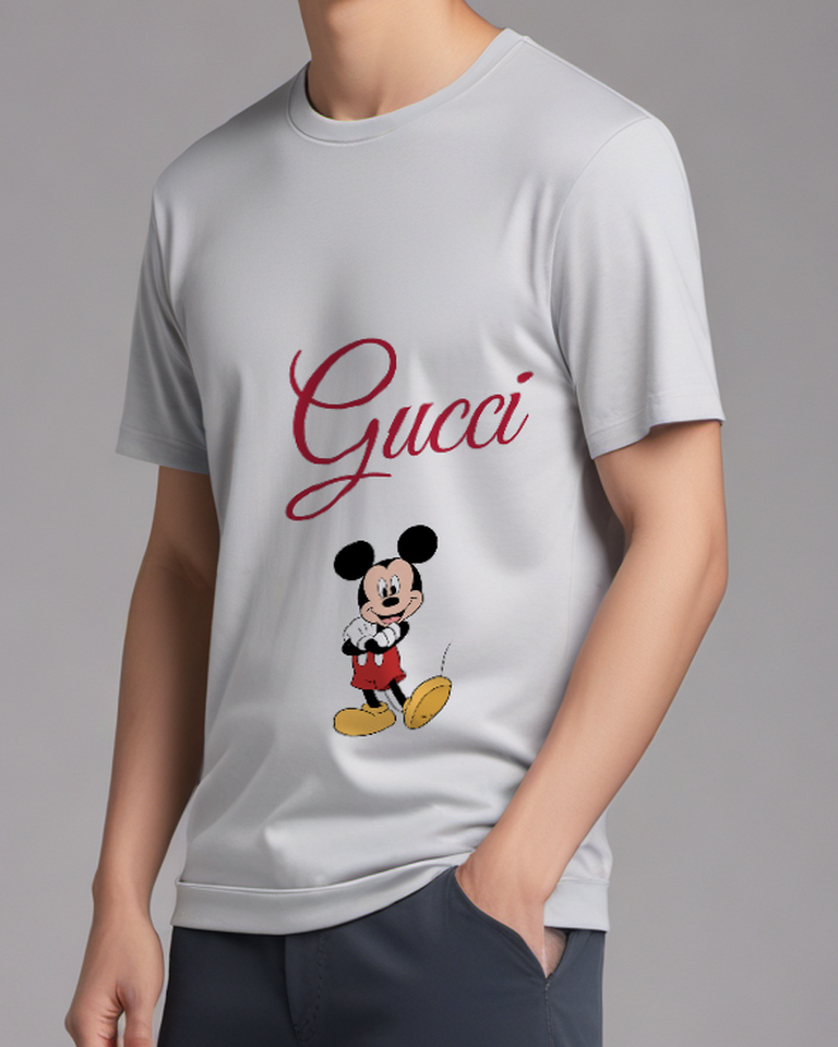 Light Gray Thoughtful Walking Mouse Graphic T-Shirt - model wearing view