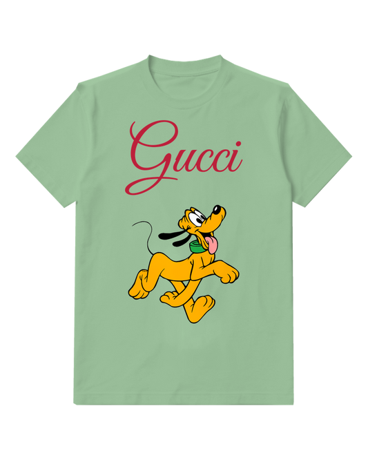 Sage Green Yellow Dog Running Joyfully Graphic T-Shirt - front product view