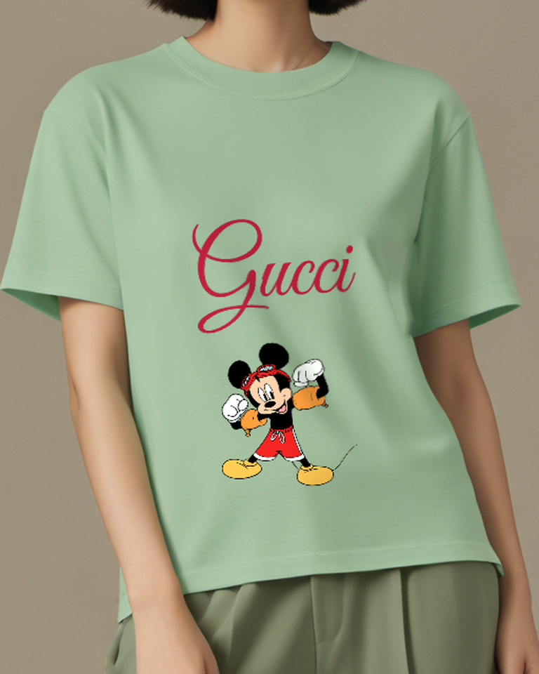 Sage Green Mickey Mouse Flexing Arms Graphic T-Shirt - model wearing view