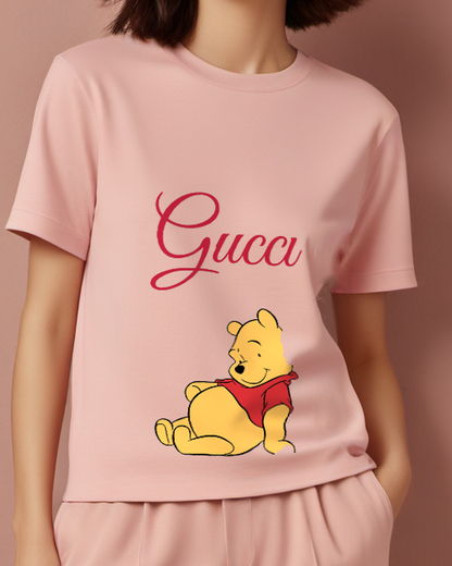 Blush Pink Winnie The Pooh Sitting Relaxed Graphic T-Shirt - model wearing view