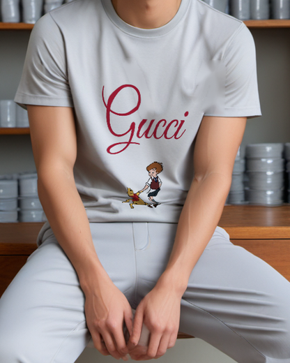 Pale Lavender Winnie The Pooh Walking With Christopher Robin Graphic T-Shirt - model wearing view