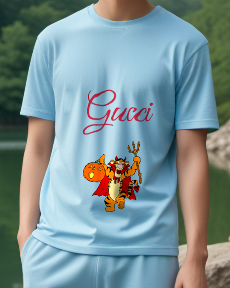 Sky Blue Tigger Halloween Costume Pose Graphic T-Shirt - model wearing view