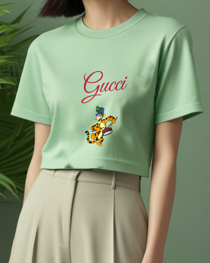 Sage Green Tigger Drummer In Festive Hat Graphic T-Shirt - model wearing view
