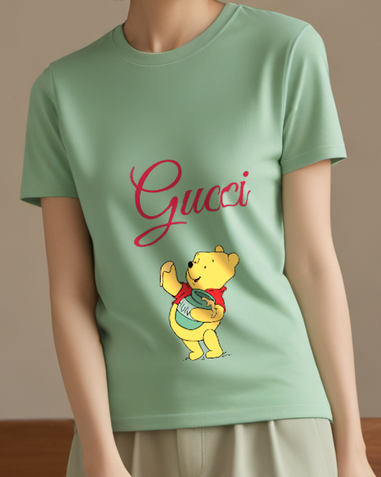 Sage Green Winnie The Pooh Waving With Honey Jar Graphic T-Shirt - model wearing view