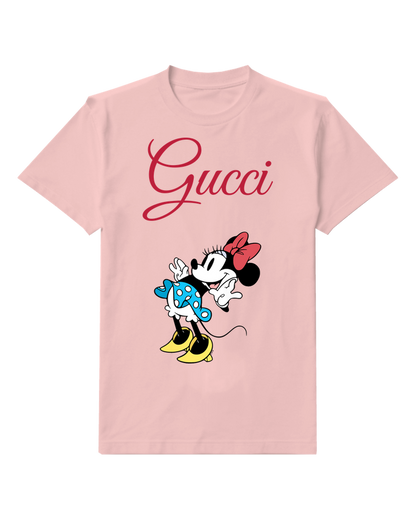 Blush Pink Mouse Blue Polka Dot Bow Graphic T-Shirt - front product view