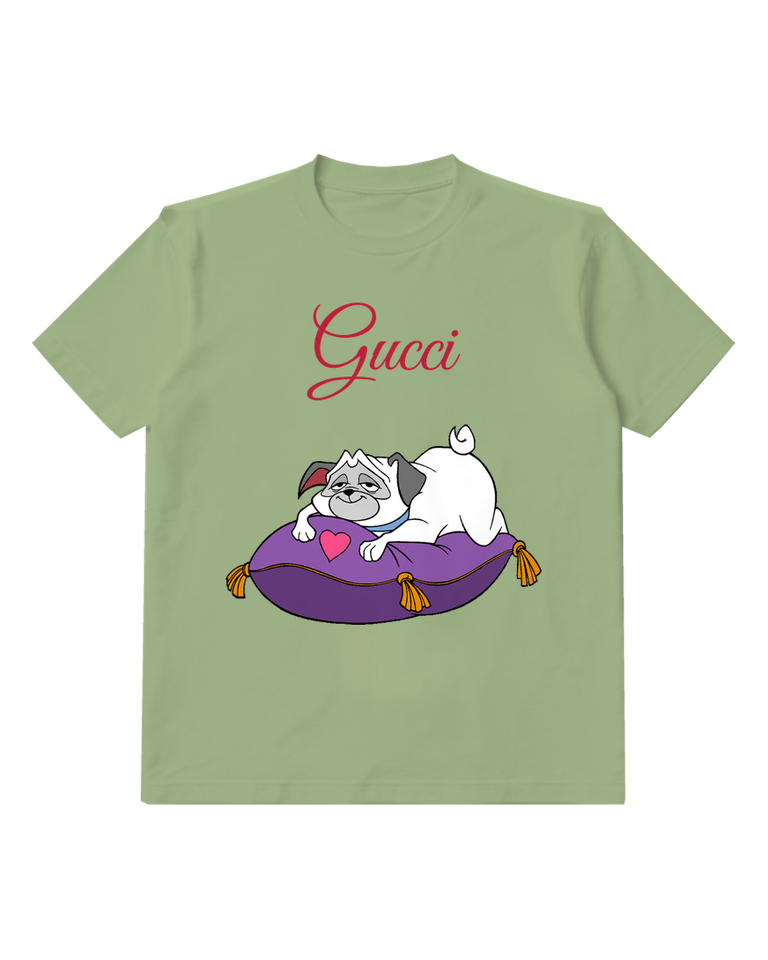 Sage Green Pug Dog Resting On Cushion Graphic T-Shirt - front product view