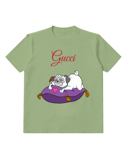 Sage Green Pug Dog Resting On Cushion Graphic T-Shirt - front product view