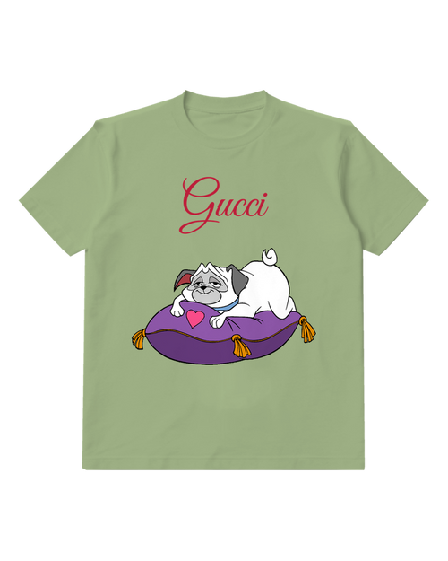 Sage Green Pug Dog Resting On Cushion Graphic T-Shirt - front product view