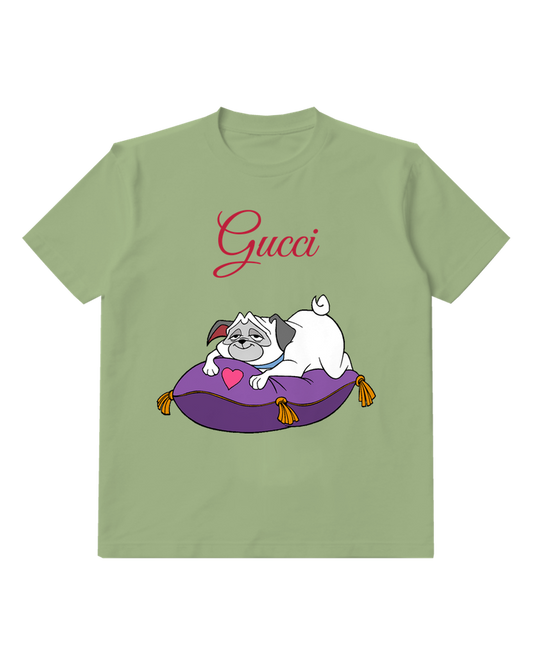 Sage Green Pug Dog Resting On Cushion Graphic T-Shirt - front product view