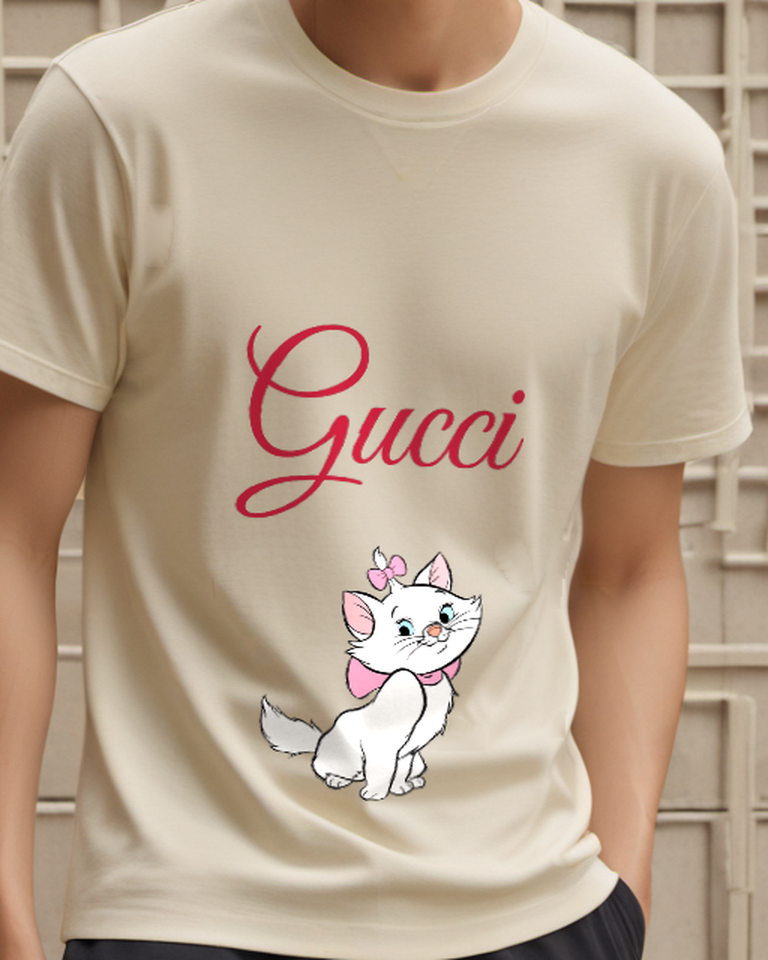 Beige White Cat With Pink Bow And Collar Graphic T-Shirt - model wearing view