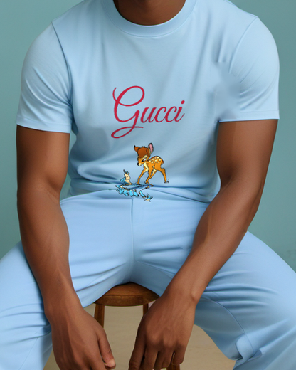 Sky Blue Bambi Standing Over Chicks Graphic T-Shirt - model wearing view