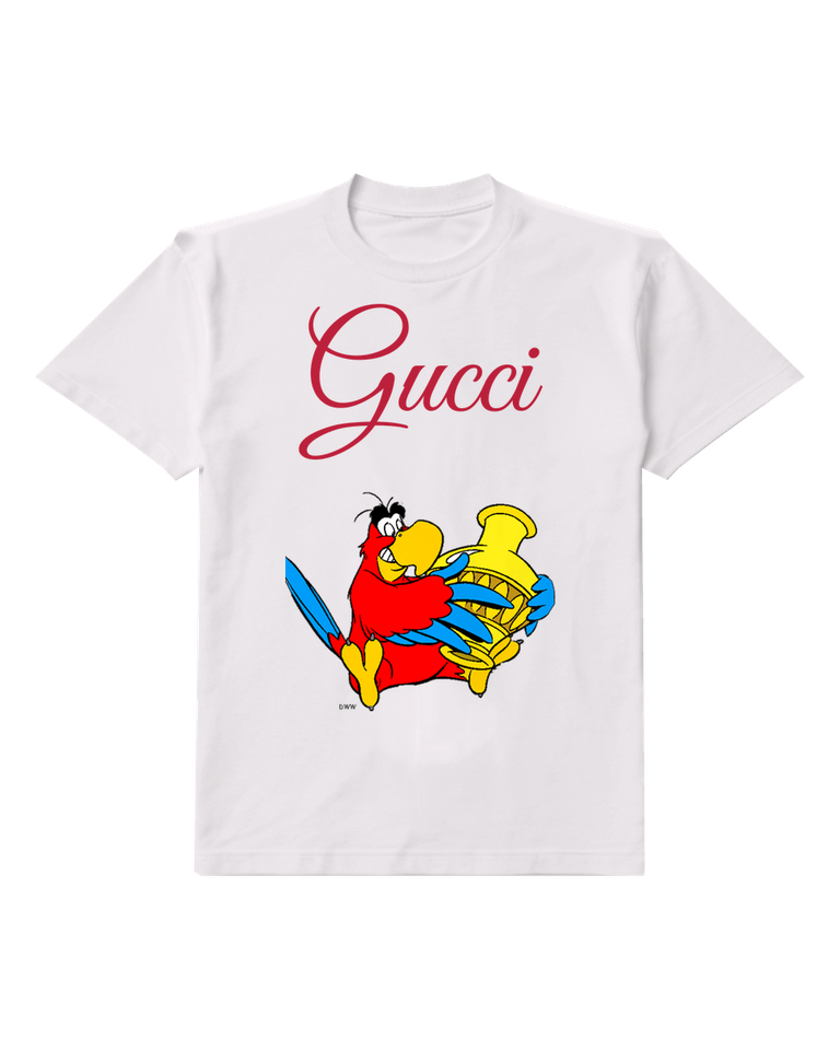 White Red Parrot Holds Golden Urn Graphic T-Shirt - front product view