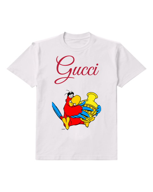 White Red Parrot Holds Golden Urn Graphic T-Shirt - front product view