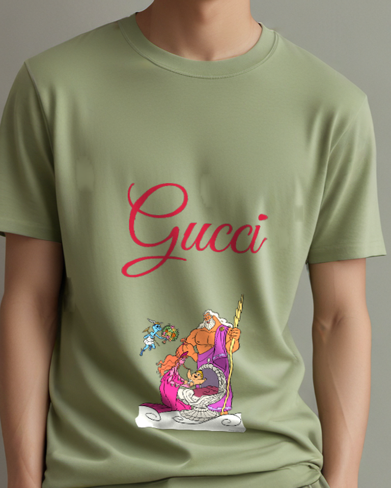 Olive Green Blue Skinned God Holding Bouquet Graphic T-Shirt - model wearing view