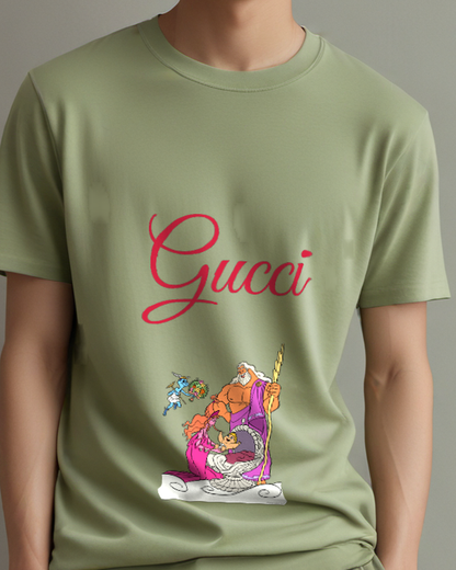 Olive Green Blue Skinned God Holding Bouquet Graphic T-Shirt - model wearing view