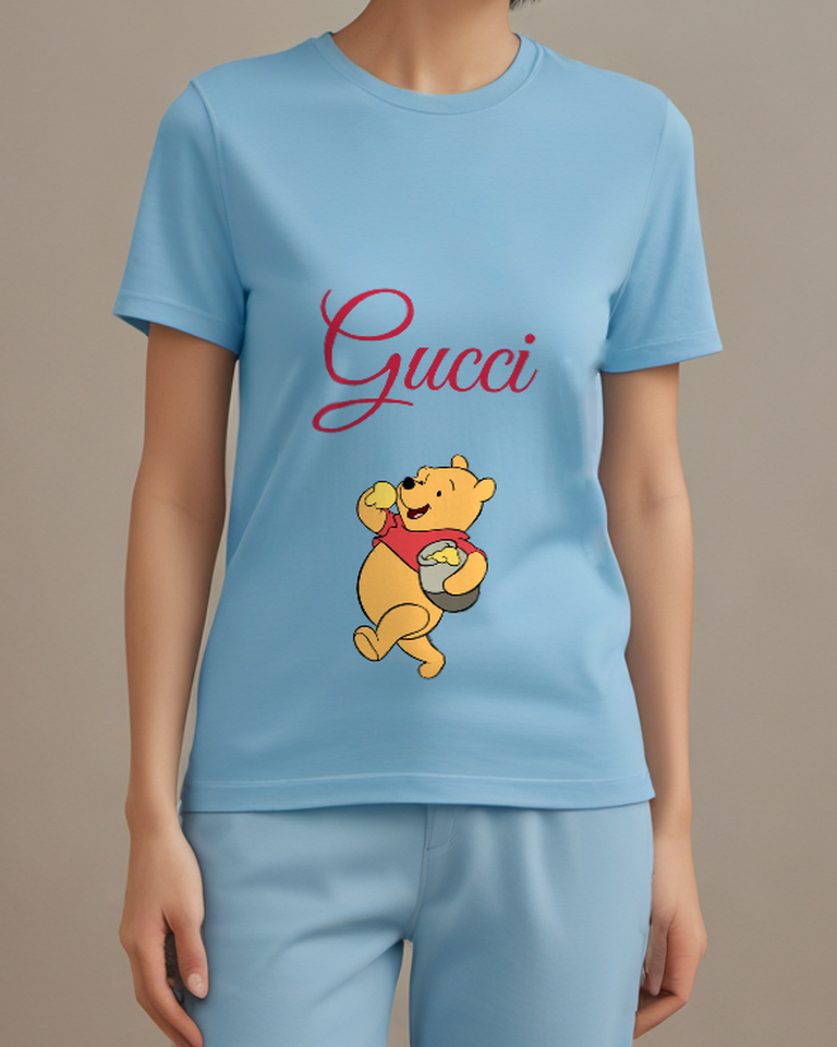 Sky Blue Seated Bear Red Shirt Graphic T-Shirt - model wearing view