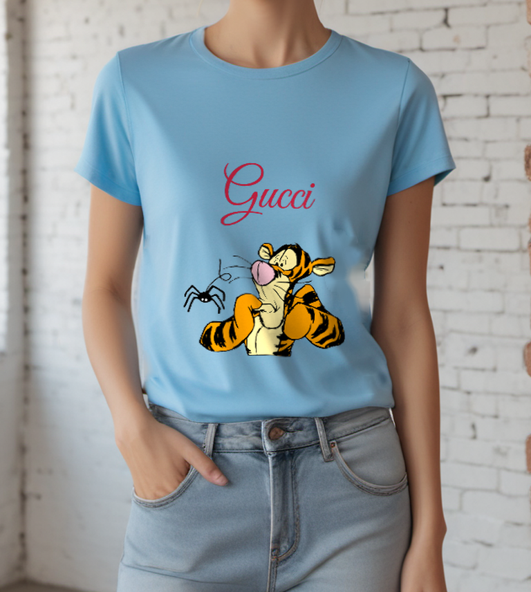 Sky Blue Tiger and Spider Graphic T-Shirt - styled view 2