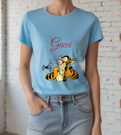 Sky Blue Tiger and Spider Graphic T-Shirt - styled view 2