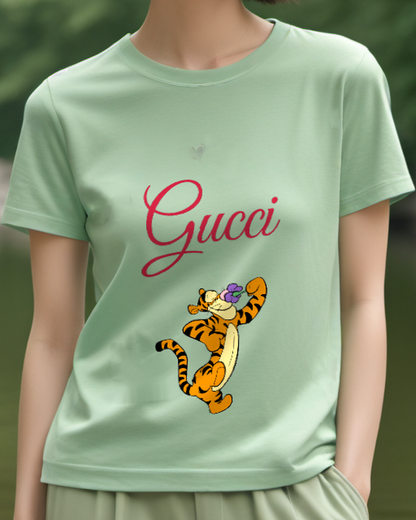 Sage Green Tiger Purple Flowers Graphic T-Shirt - model wearing view
