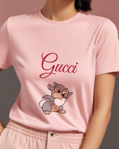 Blush Pink Rabbit Raised Paw Graphic T-Shirt - model wearing view