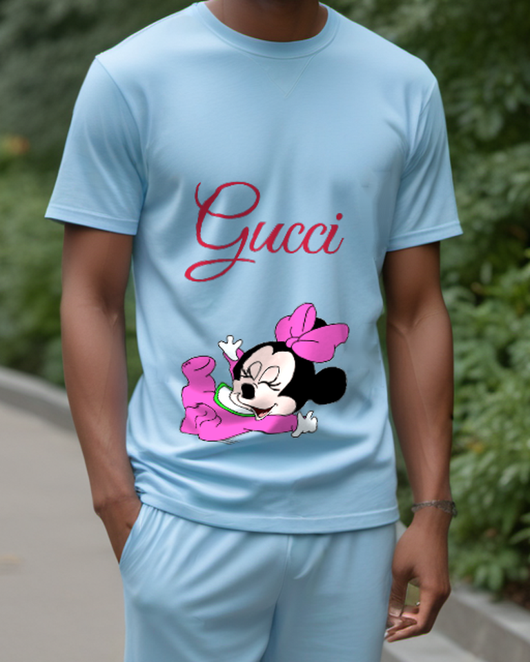 Sky Blue Baby Minnie Mouse In Pink Outfit Graphic T-Shirt - model wearing view