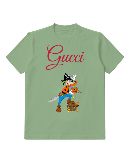 Sage Green Pirate Goofy Holding Candy Bucket Graphic T-Shirt - front product view
