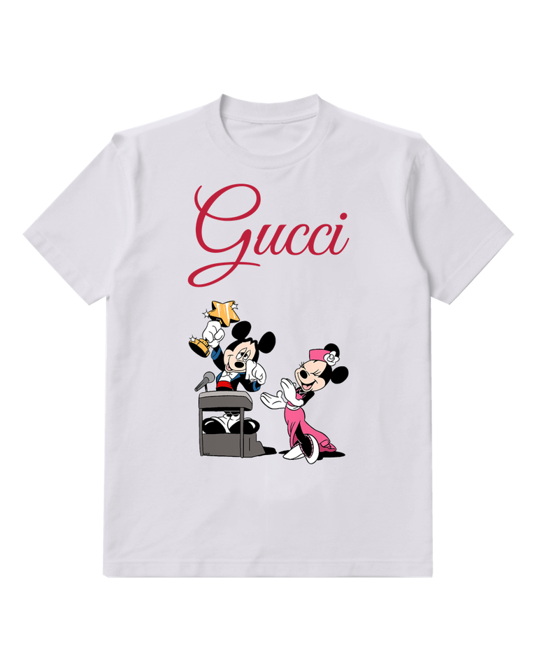 Light Gray Mickey Mouse Holds Trophy Minnie Applauds Graphic T-Shirt - front product view