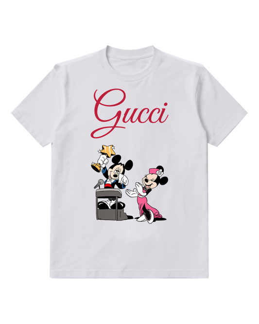 Light Gray Mickey Mouse Holds Trophy Minnie Applauds Graphic T-Shirt - front product view
