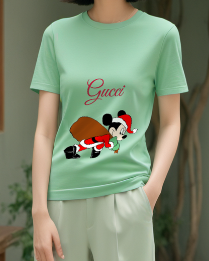 Sage Green Santa Mouse Gift Sack Graphic T-Shirt - model wearing view