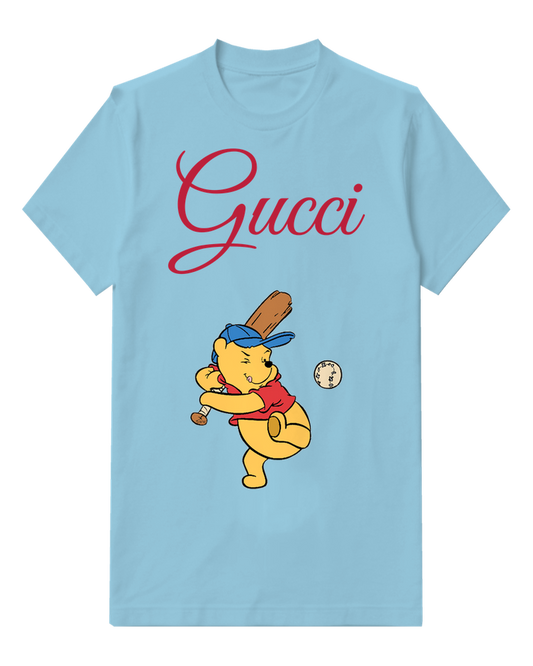 Sky Blue Winnie The Pooh Baseball Pitching Graphic T-Shirt - front product view