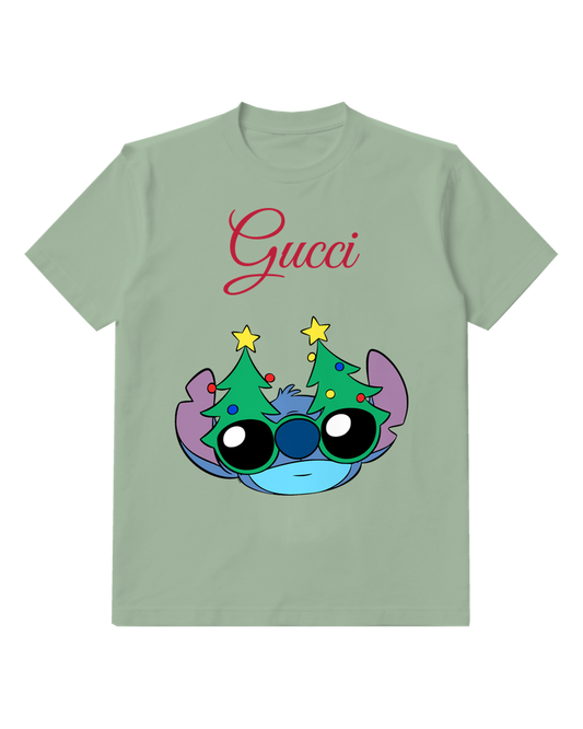 Sage Green Stitch Wearing Festive Tree Hats Graphic T-Shirt - front product view