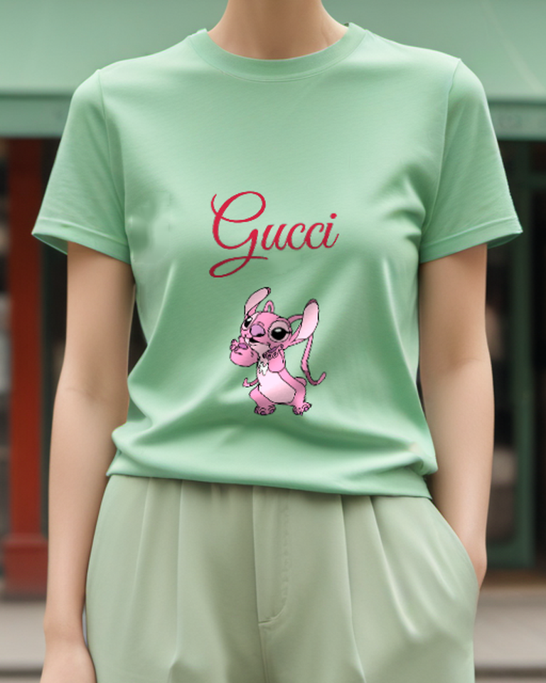 Sage Green Pink Creature Little Companion Graphic T-Shirt - model wearing view