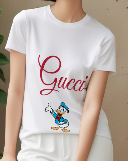 White Donald Duck Waving Hand Graphic T-Shirt - model wearing view