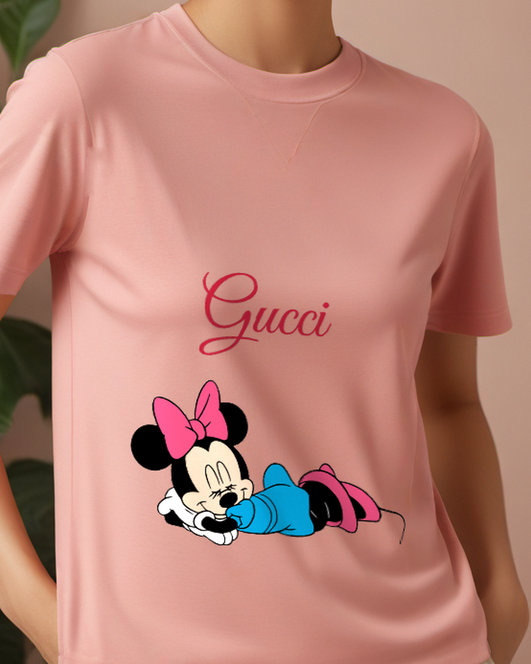 Blush Pink Minnie Mouse Resting On Belly Graphic T-Shirt - model wearing view